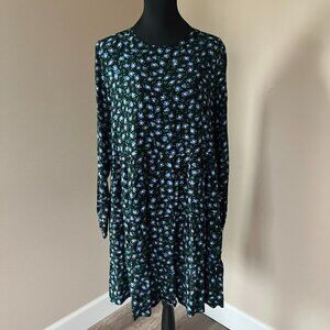 Ann Taylor LOFT Floral Pocket Tiered Swing Dress - Sz M Black Ditsy Blue Flowers